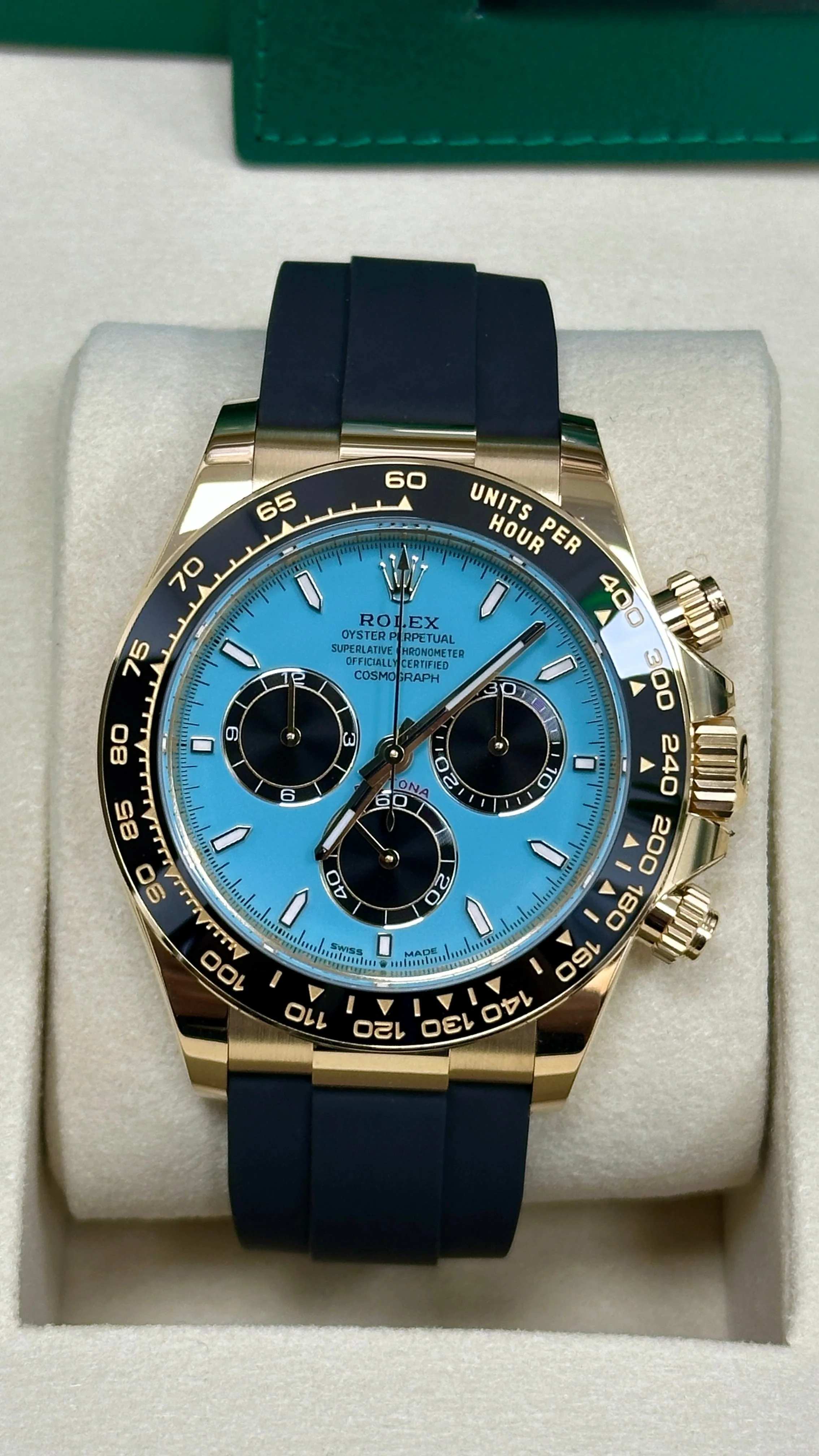 Rolex Cosmograph Daytona "Tiffany" 40mm Yellow Gold Turquoise Blue and Black Dial Black Ceramic Bezel Oysterflex 126518LN – New 2025 / 2026 - Image 4